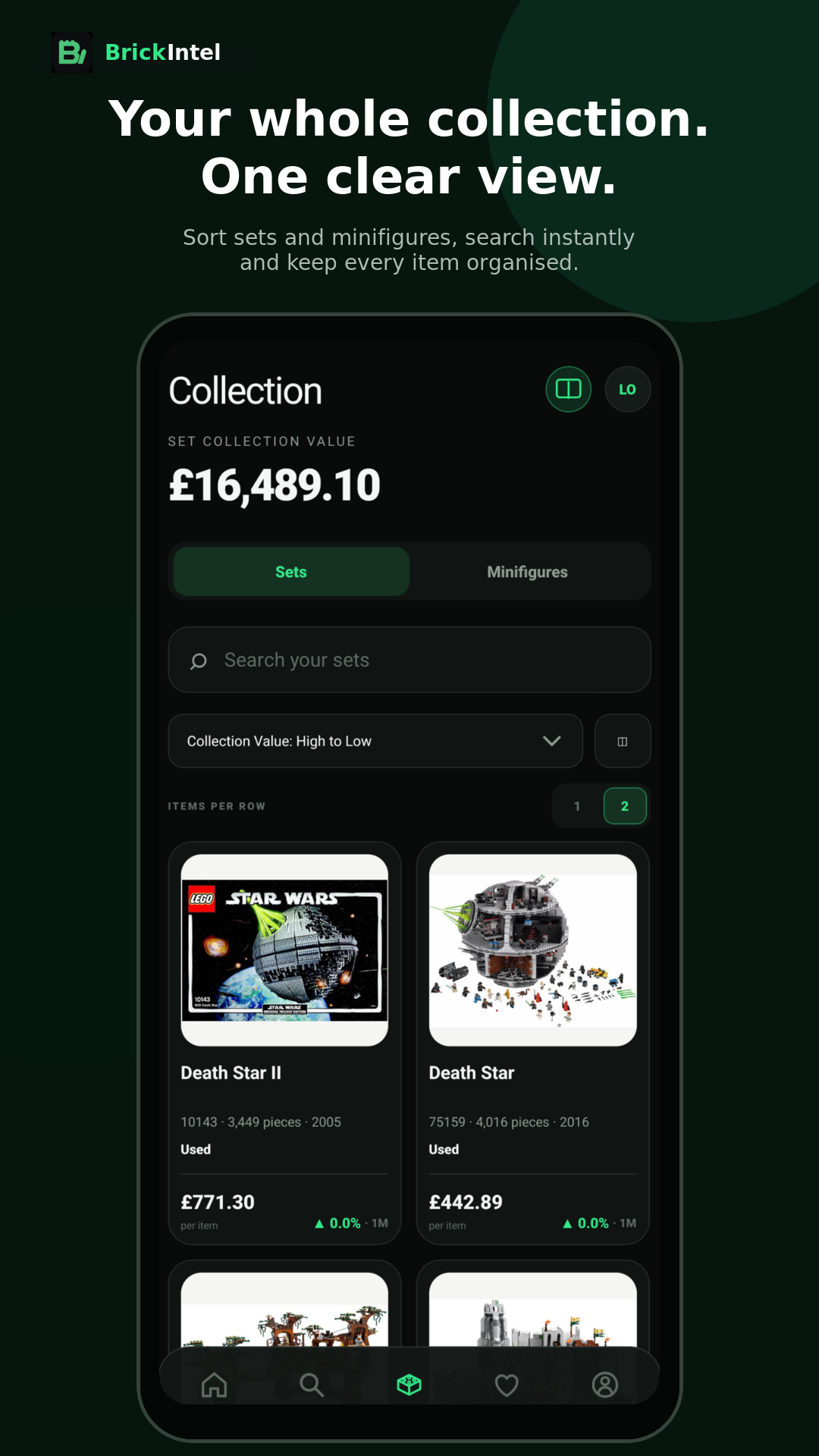 BrickIntel Collection screen showing sets, collection value, search, and sorting
